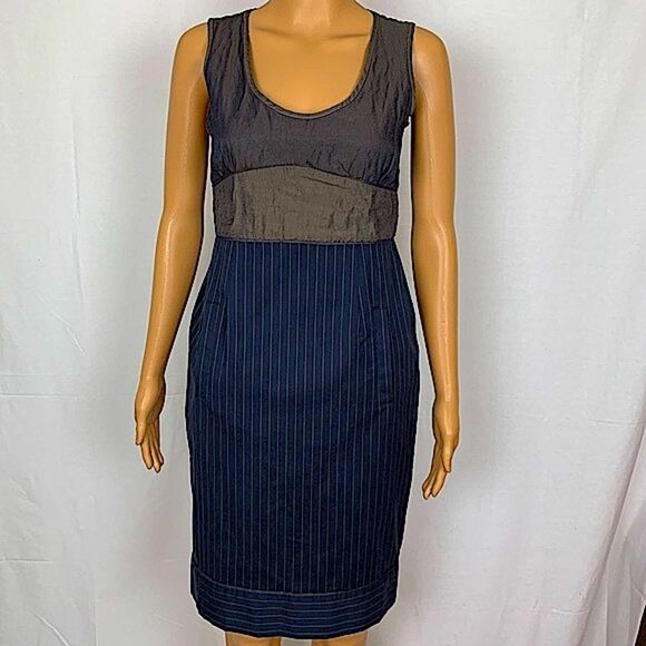 Margaret O’Leary Pinstripe Fitted Mini Dress Scoop Neck Mod Rockabilly Bodycon - Picture 1 of 8